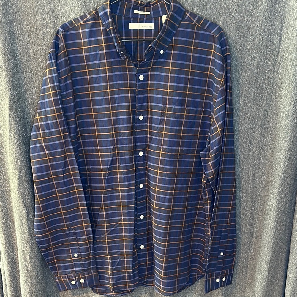 Navy and Orange Plaid 100% Cotton Casual Button Down Shirt